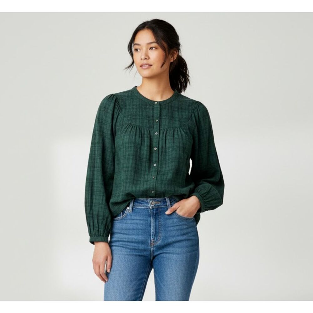 Madewell Green Plaid Balloon-Sleeve Peasant Top Size X-Small NWT